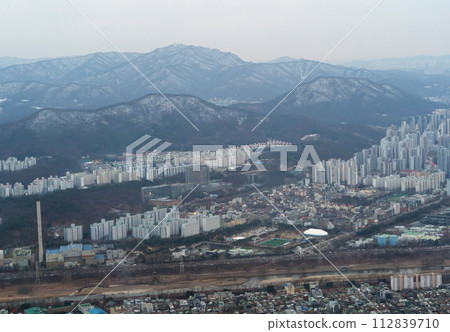 Aerial view of Seoul Downtown Skyline, South Korea. Financial district and business centers in smart urban city in Asia. Skyscraper and high-rise buildings. 112839710