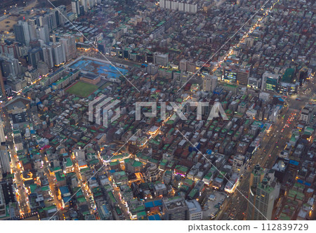 Aerial view of Seoul Downtown Skyline, South Korea. Financial district and business centers in smart urban city in Asia. Skyscraper and high-rise buildings. 112839729
