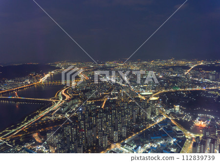 Aerial view of Seoul Downtown Skyline, South Korea. Financial district and business centers in smart urban city in Asia. Skyscraper and high-rise buildings. 112839739
