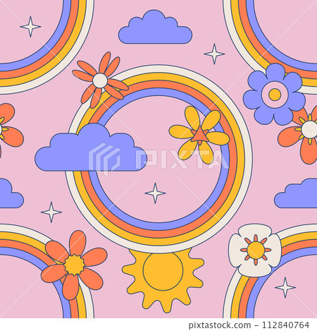 Groovy round rainbow with flowers seamless pattern. Hippie child abstract geometric arc and daisies background. Bright summer sky surface design for nursery baby fashion. Vector linear illustration. Groovy round rainbow with flowers seamless pattern. Hippie child abstract geometric arc and daisies background. Bright summer sky surface design for nursery baby fashion. Vector linear illustration. 112840764