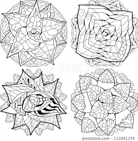 Set of Succulents houseplant on mandala for coloring. Print shape home plant urban tropical jungle decor. Set of Succulents houseplant on mandala for coloring. Print shape home plant urban tropical jungle decor. 112841254