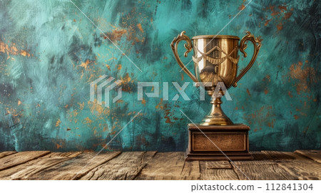 AI-generated content. Trophy cup standing on wooden table against dark green textured background. Successful game AI-generated content. Trophy cup standing on wooden table against dark green textured background. Successful game 112841304