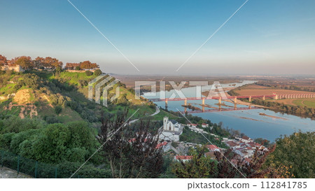 Panorama showing the Castle of Almourol on hill in Santarem aerial timelapse. Portugal 112841785