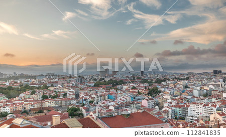 Panorama showing Lisbon famous aerial view from Miradouro da Senhora do Monte tourist viewpoint timelapse Panorama showing Lisbon famous aerial view from Miradouro da Senhora do Monte tourist viewpoint timelapse 112841835