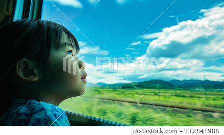 child gazing out the train window, their face pressed against the glass 112841988