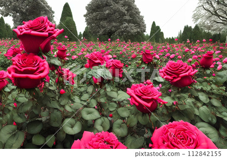 Timeless beauty of a classic rose garden in full bloom. Panorama 112842155