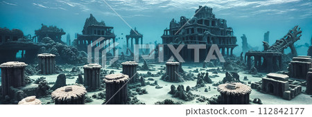 The mystical depths of an Underwater Ruins. Submerged buildings, coral-covered columns, schools of exotic fish glide through the streets. Generative AI. 112842177