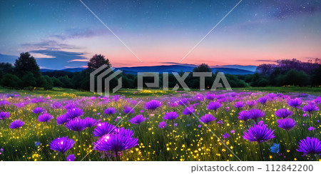 Stardust Meadow. At twilight, a meadow blooms with luminescent flowers. 112842200
