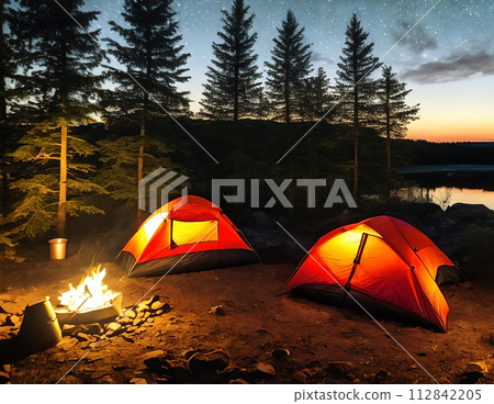 Set up a cozy camping scene with a tent pitched under the starry night sky, illuminated by a warm campfire 112842205
