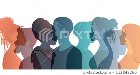 Group Multicultural silhouette people side-view. Community of colleagues or collaborators. Bargain agreement or pact concept. Co-workers. Harmony. Diversity equality inclusion. Banner 112842260