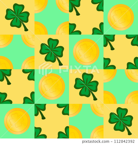 Vector seamless geometric pattern for St. Patrick's Day. Gold coins and clover. 112842392