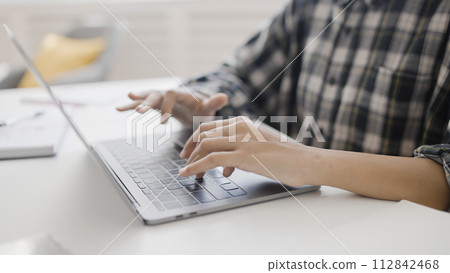 Girl typing on laptop at home, online programming course, digital learning 112842468