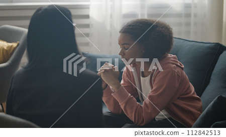 Female therapist talking to upset teen girl at counselling session, psychology Female therapist talking to upset teen girl at counselling session, psychology 112842513