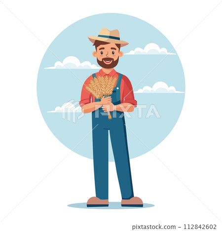 Agriculture and farming, harvesting. Farmer male character holding freshly harvested wheat. Illustration. Vector Agriculture and farming, harvesting. Farmer male character holding freshly harvested wheat. Illustration. Vector 112842602