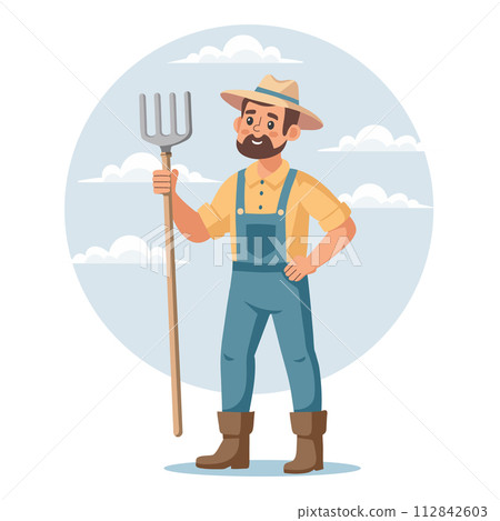 Agriculture and farming, harvesting. A male farmer in uniform holds a rake in his hand. Agricultural farm worker. Illustration. Vector Agriculture and farming, harvesting. A male farmer in uniform holds a rake in his hand. Agricultural farm worker. Illustration. Vector 112842603