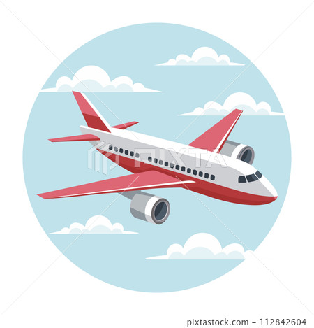 The plane flies in the sky between the clouds. Time for travel and vacation. Illustration, vector The plane flies in the sky between the clouds. Time for travel and vacation. Illustration, vector 112842604