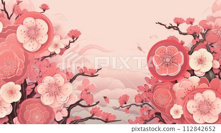 AI-generated content. Chinese-Inspired Pink Landscape Panorama Ai generation 112842652