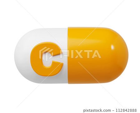 Orange pill or capsule filled with vitamin C. 3D Rendering illustration 112842888