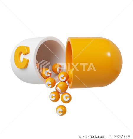 Orange pill or capsule filled with vitamin C. granules are poured out of the open tablet. 3D Rendering illustration 112842889