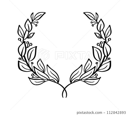 Black hand drawn laurel wreath branch frame. depicting achievement, heraldry, logo. Vector line illustration 112842893