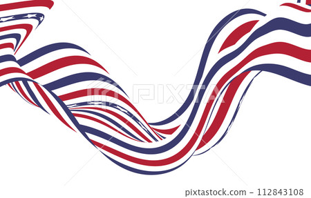 Striped blue, white and red ribbon twisted on a white background 112843108