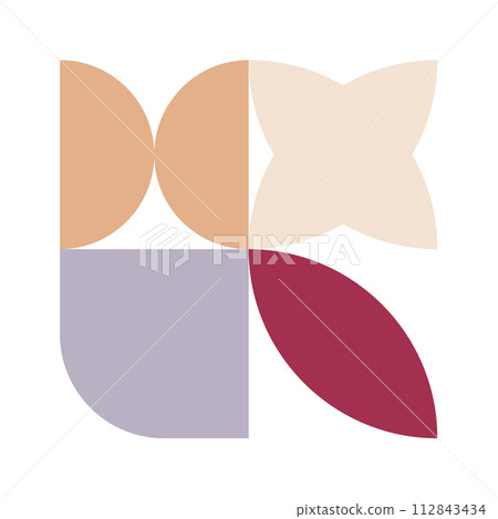 Trendy bauhaus pattern poster. Vector abstract geometric color shapes in beige and red pastel colors. Simple neo modern design elements. Fashion retro print for greeting card, web design Trendy bauhaus pattern poster. Vector abstract geometric color shapes in beige and red pastel colors. Simple neo modern design elements. Fashion retro print for greeting card, web design 112843434