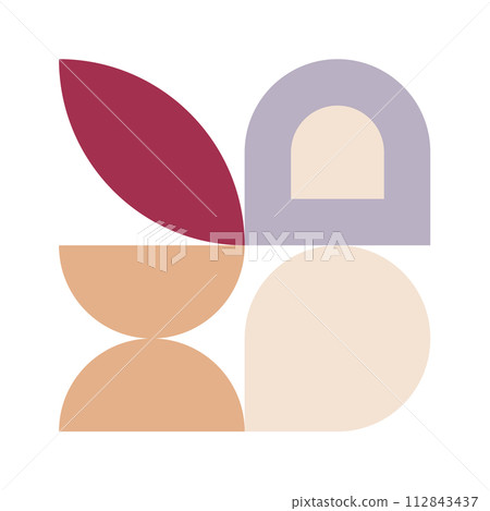 Trendy bauhaus pattern poster. Vector abstract geometric color shapes in beige and red pastel colors. Simple neo modern design elements. Fashion retro print for greeting card, web design Trendy bauhaus pattern poster. Vector abstract geometric color shapes in beige and red pastel colors. Simple neo modern design elements. Fashion retro print for greeting card, web design 112843437