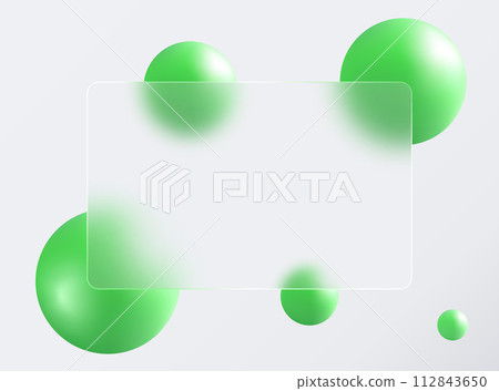 Template in glass morphism style. Frosted glass screen with blurry floating green spheres. 112843650