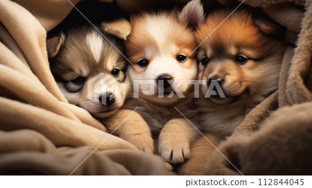 AI-generated content. Three helpless puppies wrapped in soft blanket, symbolizing the care of pets and awareness about responsible pet ownership, providing them with love and care until they find 112844045