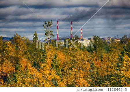Autumn yellow forest and steel mill (metallurgic works). Autumn yellow forest and steel mill (metallurgic works). 112844245