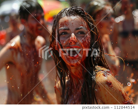 La Tomatina is an annual festival with a tomato fight with many peoples La Tomatina is an annual festival with a tomato fight with many peoples 112844514