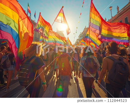 International Day Against Homophobia, Transphobia and Biphobia woman with LGBTQ flag 112844523