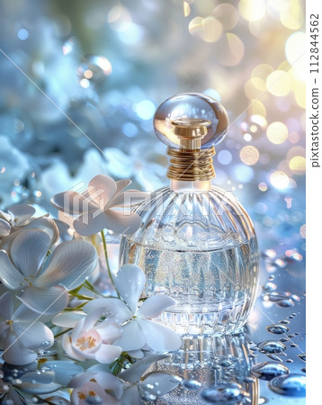 Perfume with white flower background and crystal clear water, Perfume with white flower background and crystal clear water, 112844562
