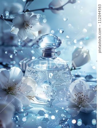 Perfume with white flower background and crystal clear water, Perfume with white flower background and crystal clear water, 112844563
