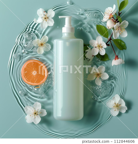 a bottle of shampoo lay stand in water, have mandarin orange and cherry blossom a bottle of shampoo lay stand in water, have mandarin orange and cherry blossom 112844606
