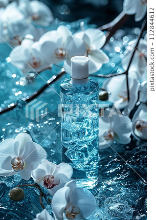 2 bottles of skin care products on a water surface with white orchid, blue tone 112844612