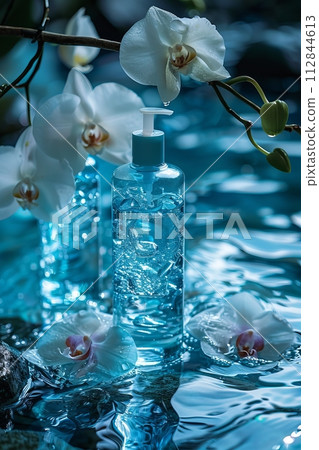 2 bottles of skin care products on a water surface with white orchid, blue tone 2 bottles of skin care products on a water surface with white orchid, blue tone 112844613