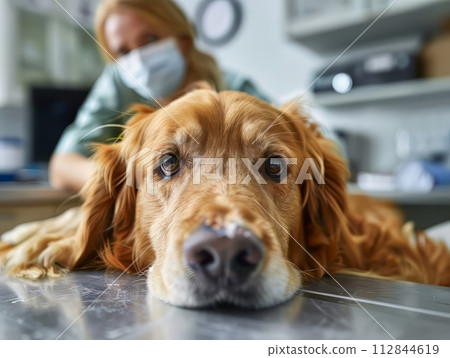 sick golden retriever laying down on a table with his head on a pillow at the vet 112844619