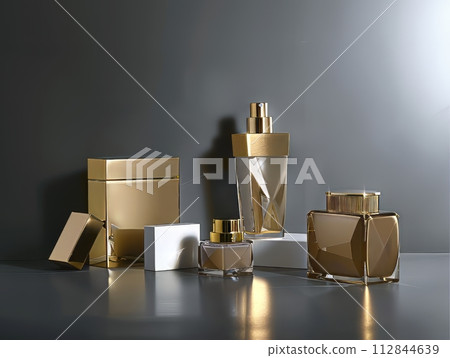Golden skin care products and clean background, golden metallic texture, 112844639