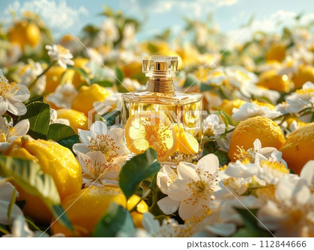 Parfum with floating lemon and flowers over light blue sky background, 112844666