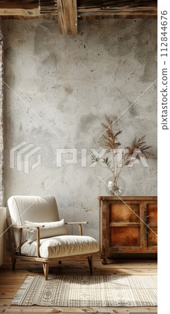 Interior with wooden cabinet and armchair, flower in pot 112844676