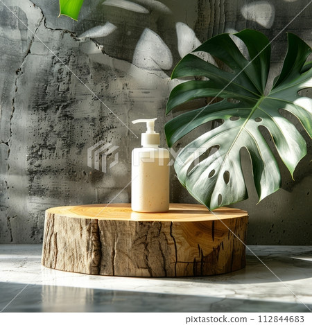 Front view of a small lotion body placed on top of a wooden podium inspired by nature, monstera plant and concrete wall 112844683