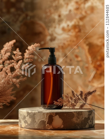 Cream with dark brown dispenser stands on a podium, product photography Cream with dark brown dispenser stands on a podium, product photography 112844685