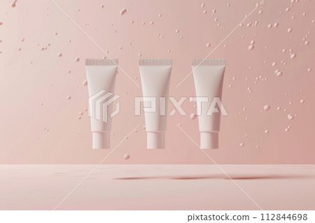 Flying cosmetic tube mockup on minimalistic space aesthetic, 112844698