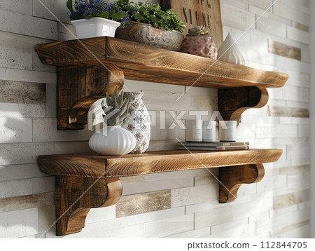 Floating shelves wood are shelves that are mounted on the wall without visible brackets 112844705