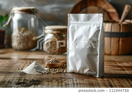 White packaging bag mockup, on a wooden table, top view 112844788