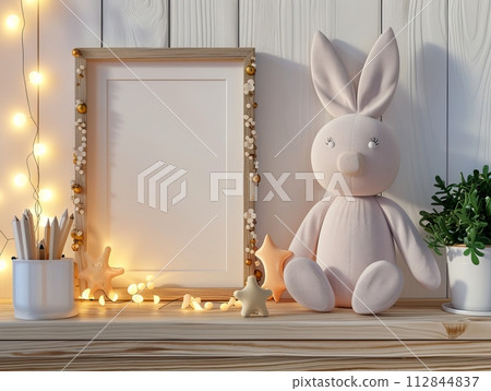Picture frame mockup on a shelf, children's room in background Picture frame mockup on a shelf, children's room in background 112844837