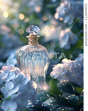 Perfume with white flower background and crystal clear water, 112844853