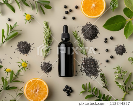 Dark spot serum is a skincare product with herbs, flat lay 112844857