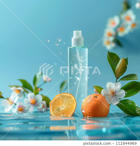 a bottle of shampoo lay stand in water, have mandarin orange and cherry blossom 112844969